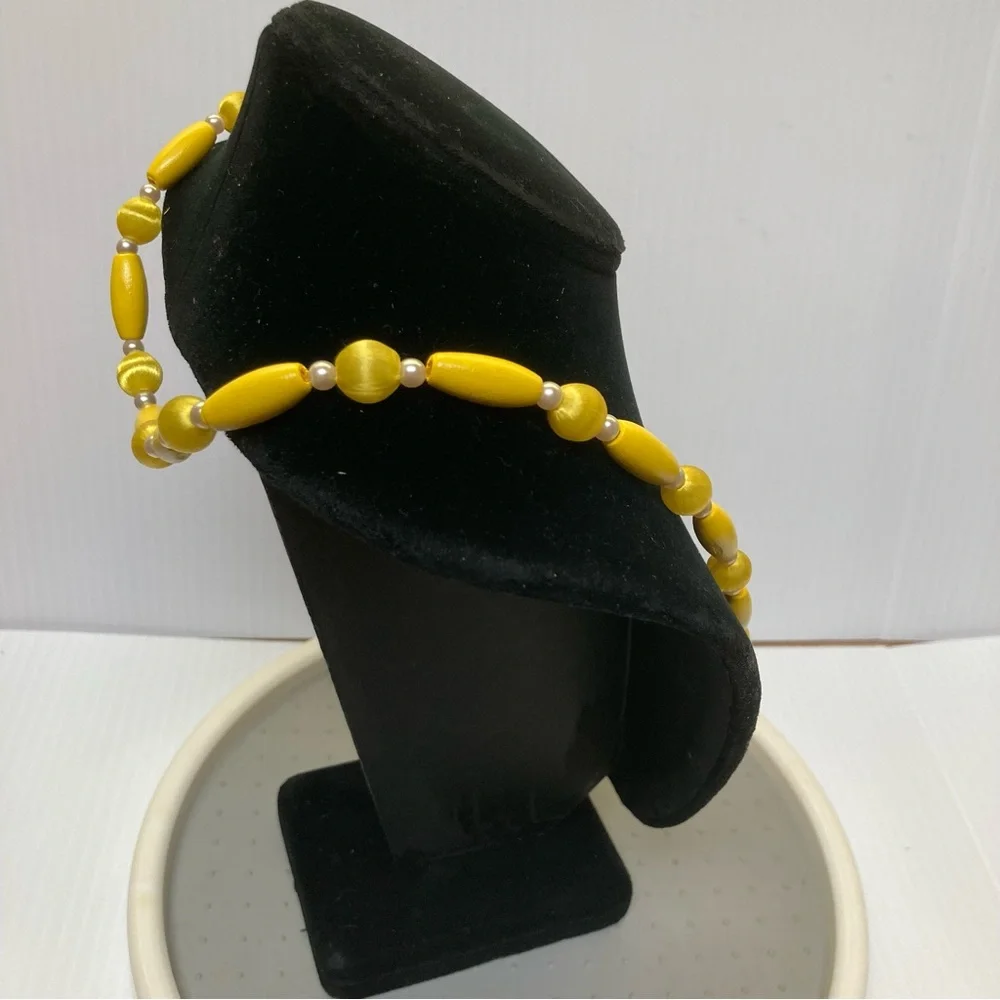 SATIN Beads Vintage Yellow Wood Oblong Beads Faux Mini Pearl Beads 26 in
